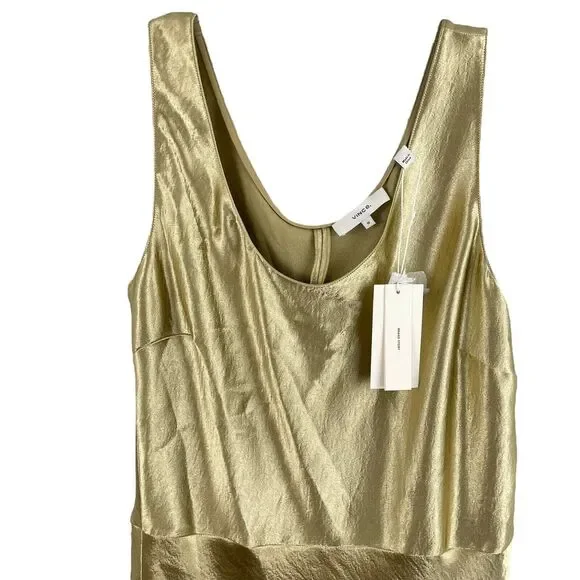 Vince Slip Midi Dress Sz 10 Metallic Fluster Gold Olive Green Tint  Sleeveless